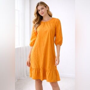 MONKI Bright Orange Puff Sleeve Dress XS | Ruffle Hem | Summer Statement